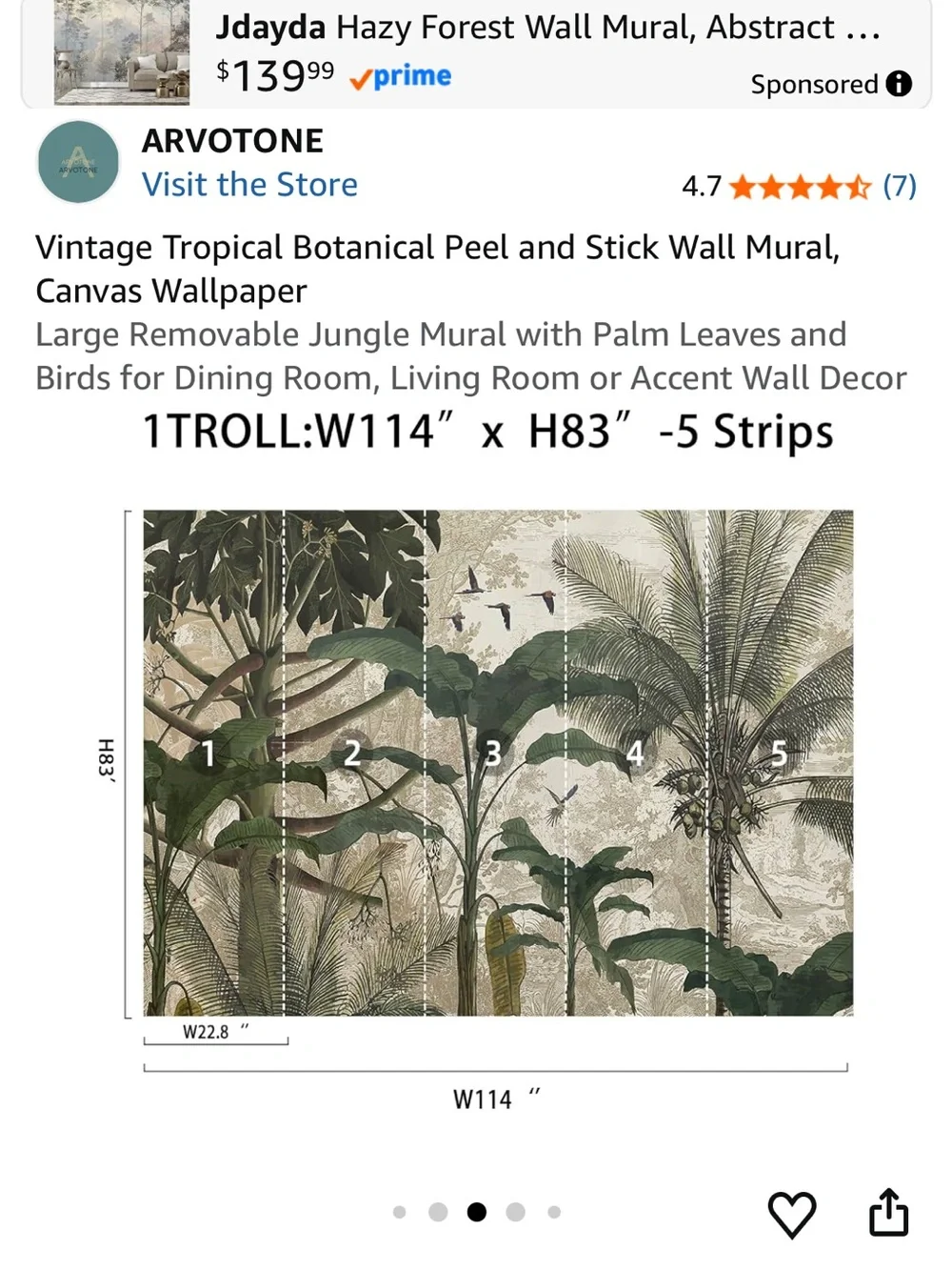 Brand New in Box Vintage Tropical Green Botanical Peel-and-Stick Wall Mural